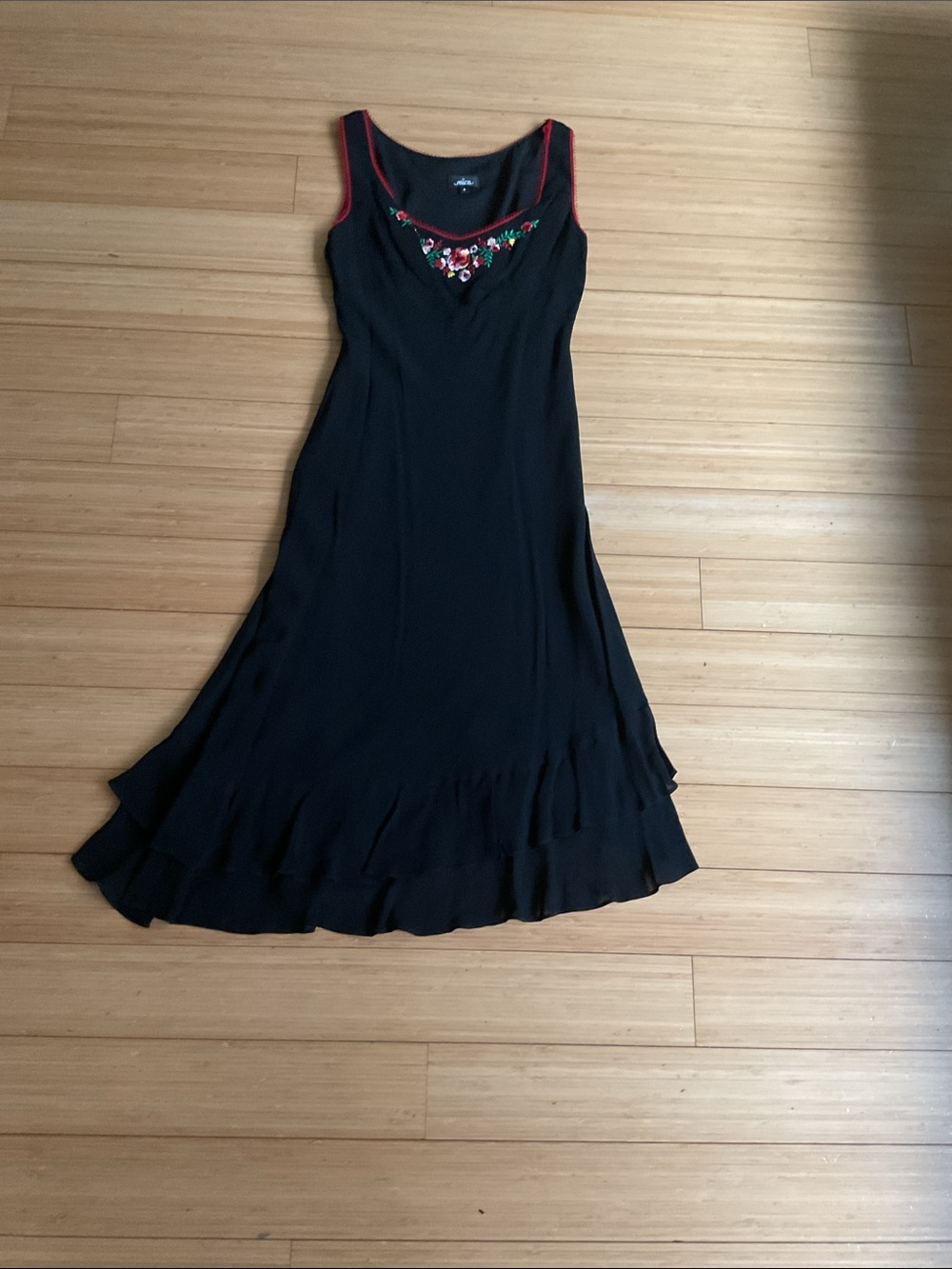 Girls Black Sleeveless Dress with Floral Embroidery